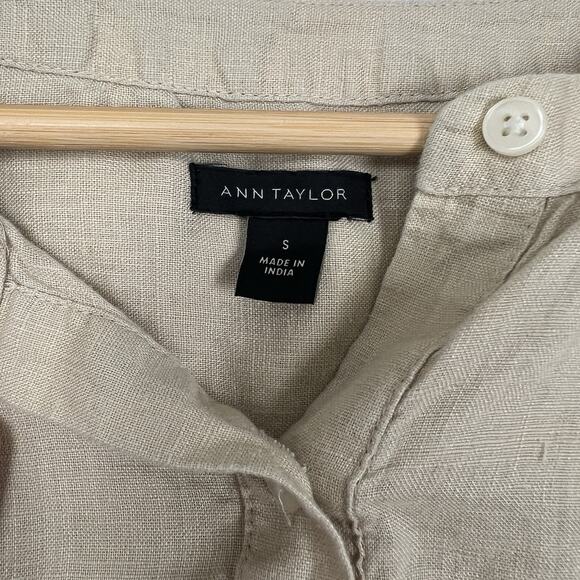 Ann Taylor Women’s S Tan 100% Linen Framed Popover Short Sleeve Blouse Beige - Picture 2 of 8
